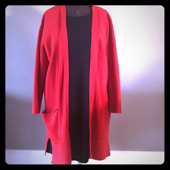 Long red deep pocket cardigan